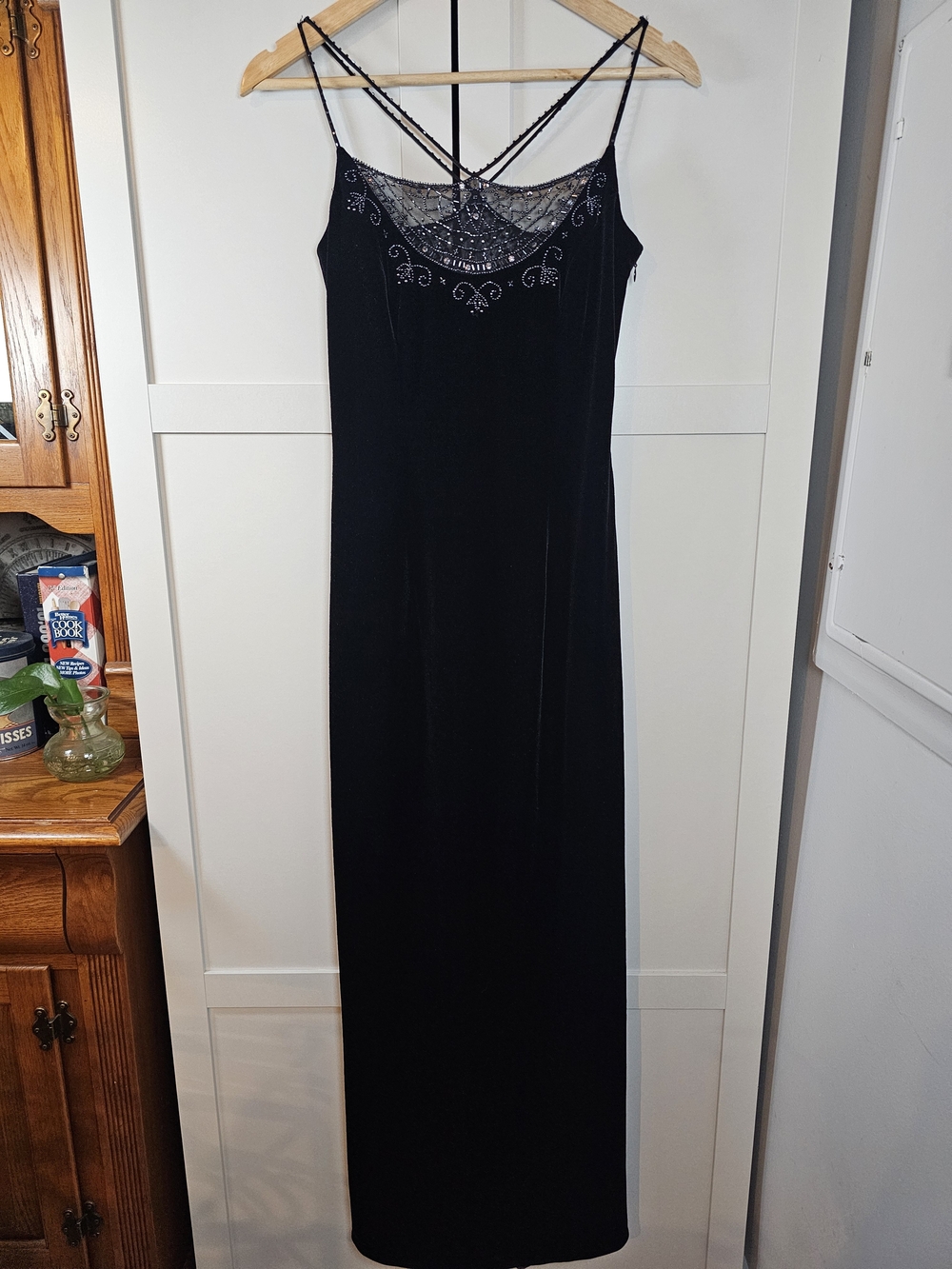 Rare Vtg 90s Dave & Johnny Spiderweb Beaded Velvet Gown Whimsigoth Dress Vamp XS